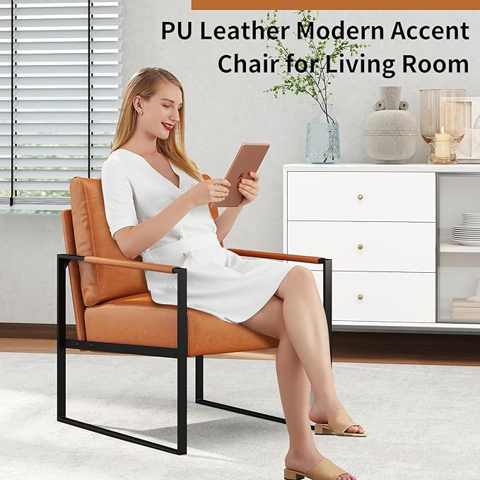 CANMOV Modern Accent Chair Set of 2, PU Leather Armchair with Metal Frame,Comfy Single Reading Chair with Soft Padded Backrest and Cushion for Living Room, Bedroom,Reading Room,Office,Brown