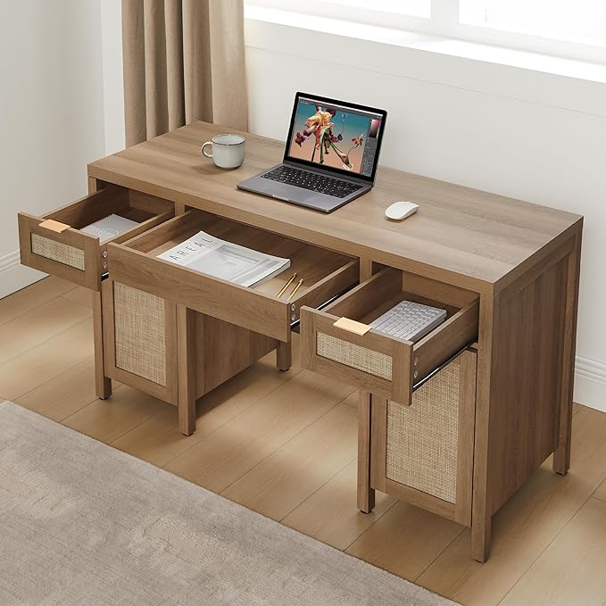 SICOTAS Home Office Desk with Storage - Rattan Executive Desk with Drawers and Cabinets, Farmhouse Large Computer Writing Table for Study, Office, Living Room, Oak (2 Pieces)