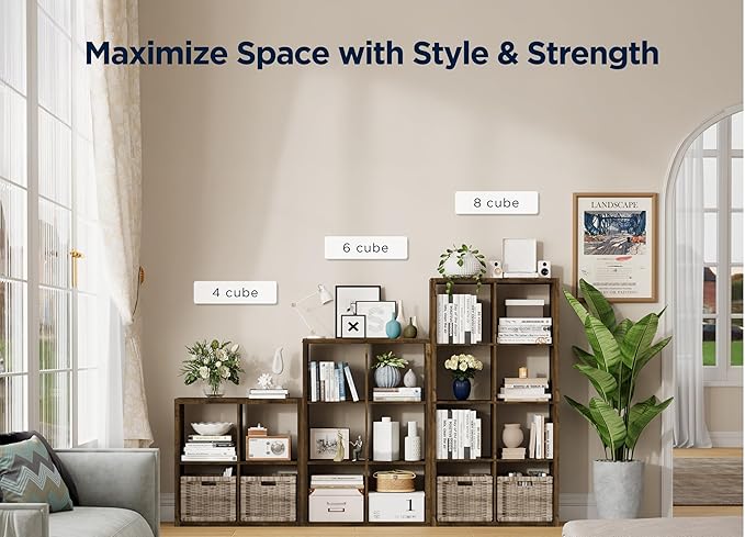 4 Cube Storage Organizer, 2x2 Cube Bookshelf, Cubby Storage Shelf, Wooden Organizer Shelf with Thickened Boards, for Closet Bedroom Home Office Living Room, 25.12" L x 9.37" W x 25.12" H, Brown