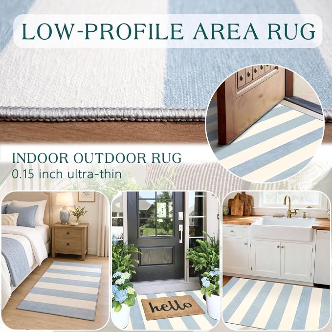 Blue White Striped Outdoor Rug - 28" x 43" Front Door Mat Indoor Outside Entrance Non-Slip Washable Summer Welcome Mat for Front Door Coastal Rug for Entryway Kitchen Bedroom Porch Decor