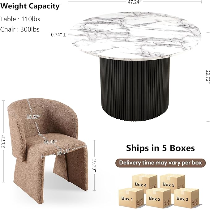 NORDICANA 5-Piece Round Dining Table Set for 4, Modern 47-Inch Kitchen Table and Chair Set, Dining Set with Brown Upholstered Armchairs, Manufactured Wood Top with White Marble Effect Finish