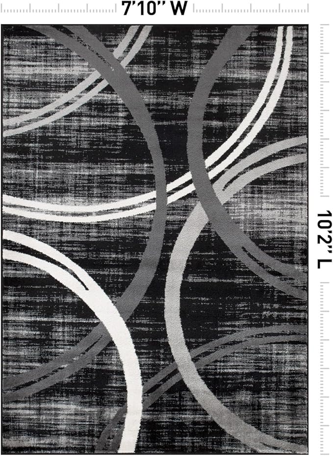 Rugshop Modern Wavy Circles Design Area Rug, Carpet with Jute Backing for Living Room, Dining Room, or Office, Black, 7'10" x 10'2"