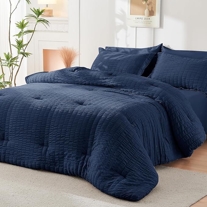 HYMOKEGE Navy Blue California King Comforter Set Seersucker 7 Pieces, All Season Luxury Bed in a Bag for Bedroom, Bedding Set with Comforters, Sheets, Pillowcases & Shams