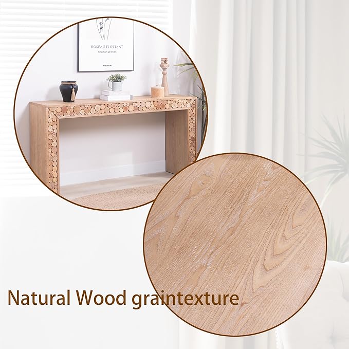 Wood Console Table, 62" Retro Long Sofa Table Behind Couch with Natural Log Accents, Farmhouse Wooden Narrow Sofa Table Hall Table for Living Room Foyer Entrance Entryway, Natural
