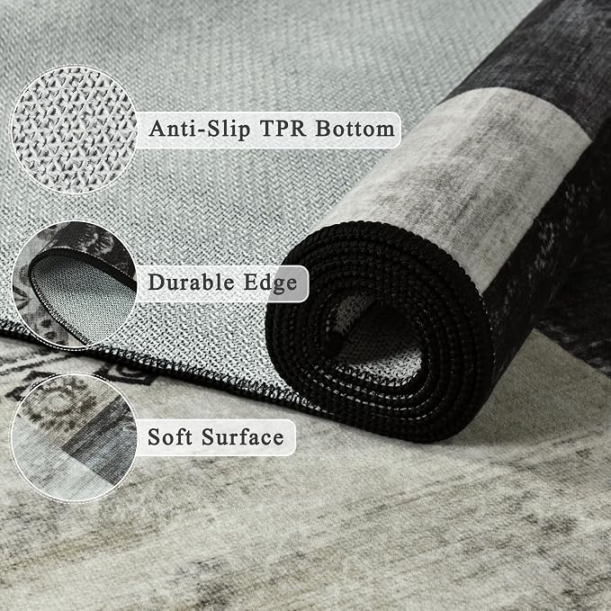 Tepook 4x6 Area Rugs for Living Room, Modern Large Geometric Rug for Bedroom, Washable Patchwork Rug Indoor Non Slip Throw Carpets for Dining Room Office Farmhouse Home Decor, Black and White
