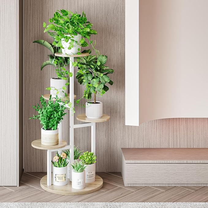 INGIORDAR Plant Stand Indoor Outdoor Corner Plant Shelf for Multiple Flower Pots Flower Stand Holder for Patio Garden Balcony Living Room (White+Sonoma Oak, 5 Tier)