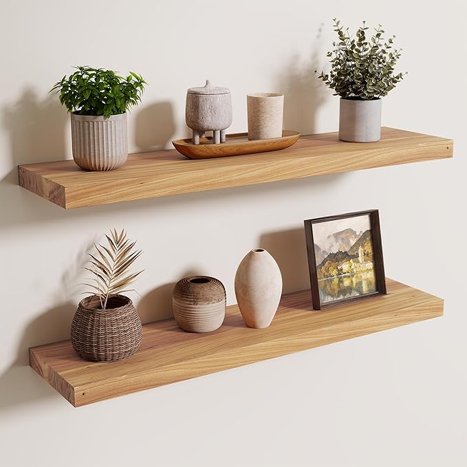 Axeman Floating Shelves for Wall - 32''W x 8'' D Rustic Solid Elm Wood Shelves for Storage, Wall Mounted Display Shelving with Invisible Heavy-Duty Metal Bracket (Natural, 2PCs)