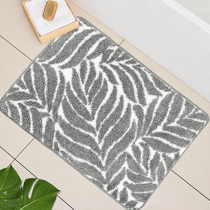 Gray Bathroom Rug - Grey Bath Mat Small Tropical Leaf Bath Rugs Non Slip Washable Bathrug for Bathroom Floor, Cute Bathmat Restroom Rug, Plant Absorbent Bath Mats Botanical Home Decor 16" x 24"