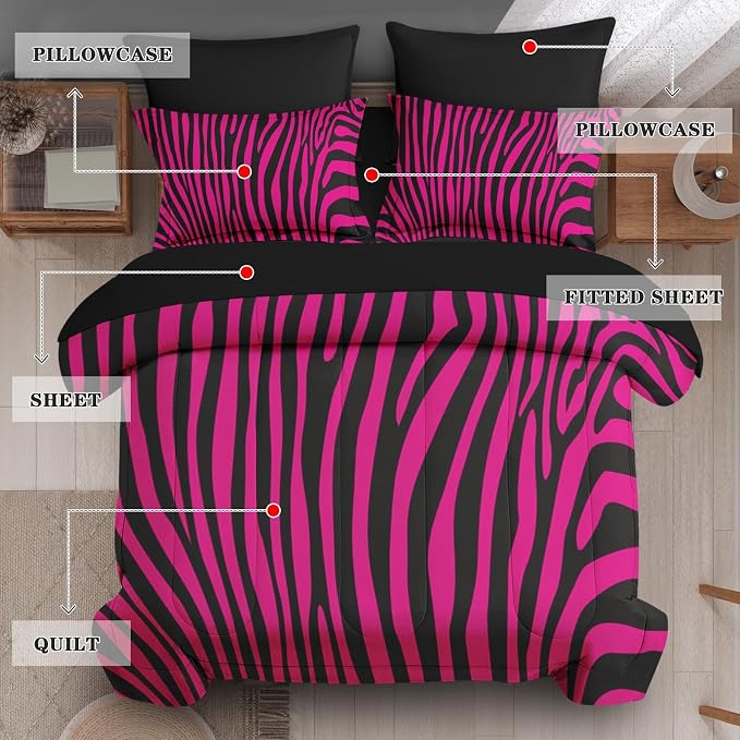 7Pcs Comforter Set King Size, Hot Pink Zebra Print Line Abstract, Bedding Decor Wildlife Black Striped Animal Jungle Bedroom Bed Set Flat Sheet Fitted Sheet Pillowcases Shams for Kids Adults