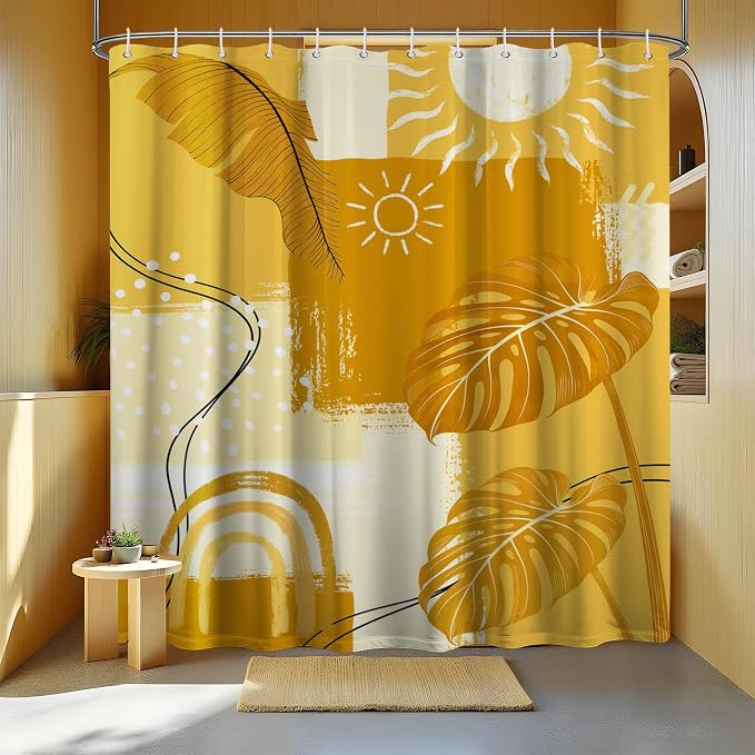 Extra Tall Shower Curtain XL Mustard Mid Century Modern, 70 x 96 in | for Extra Long 96 Inchs Shower, Yellow Abstract Pattern Design, Large Bathroom Decor Sets Waterproof Cloth Fabric, with Hooks