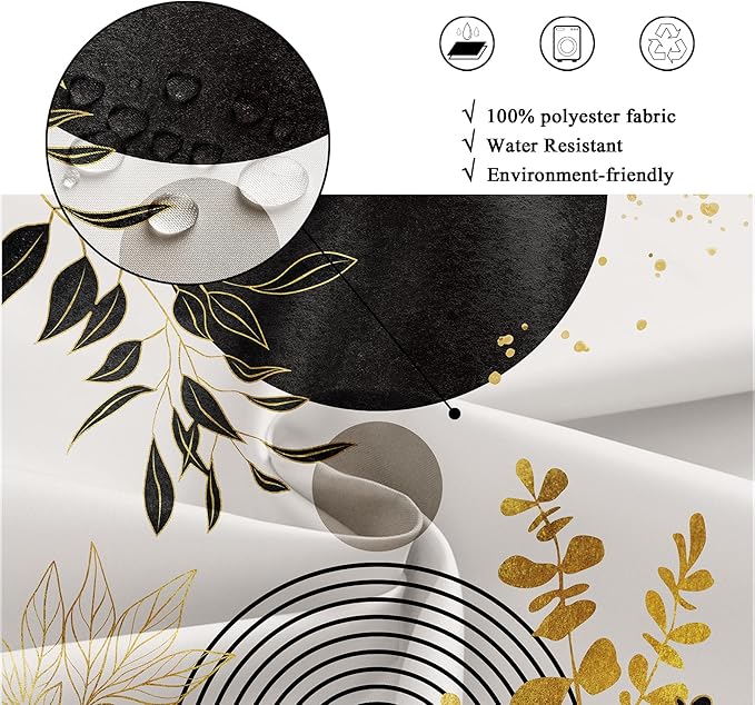 Riyidecor Black Gold Mid Century Modern Shower Curtain for Bathroom Decor 72Wx72H Boho Abstract Gold Leaves Minimalist Geometric Arch Sun Art Printed Fabric Polyester Waterproof 12 Pack Plastic Hooks