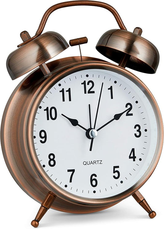 Bernhard Products Analog Alarm Clock Twin Bell Retro Copper Metal 4" Extra Loud Quartz Battery Operated with Backlight for Bedside Table Vintage Silent Non-Ticking Old fashioned Decorative Desk Clocks