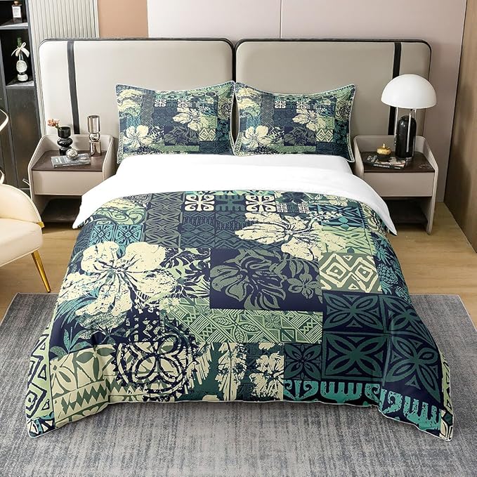 100% Natural Cotton Boho Floral Duvet Cover Full Exotic Leaves Bedding Set Bohemian Religious Indian Comforter Cover Geometric Tribal Stamp Bedroom Decor Green Ethnic Quilt Cover For Kids Boys Girls