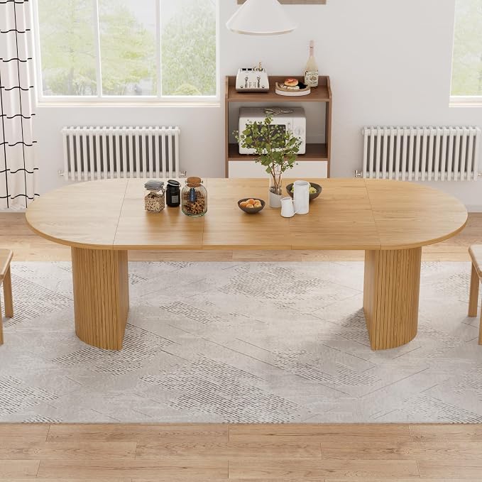 43-95 inch Long Round Extendable Dining Table for 4-10, Space Saving Oval Large Dinner Kitchen Table with 3 Leaf, 2 Storage, Fluted Mid Century Modern Dining Room Table for Living Room, Natural