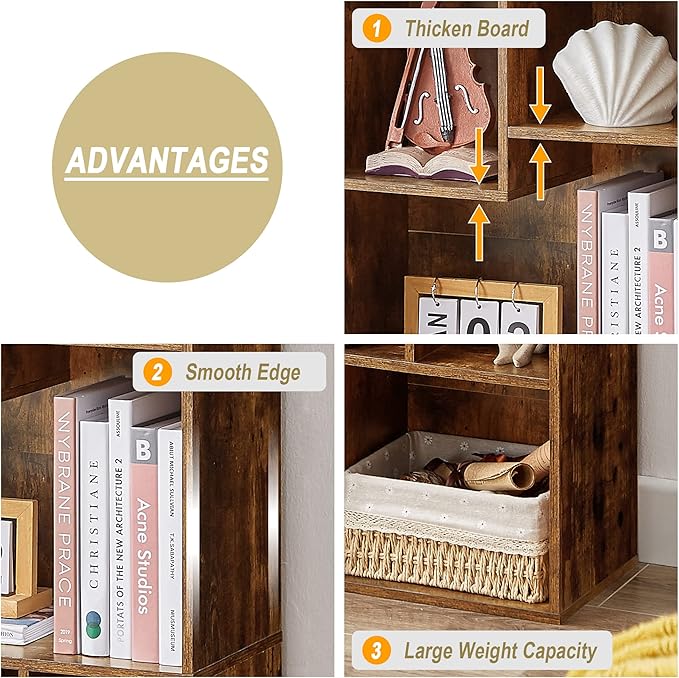 VECELO 3-Cube Small Bookshelf, Modern Bookcases with Shelves Height Up to 12.8 Inches, Suit for Common Size Textbook, Vertical or Horizontal, Cubby Storage Organizer,Rustic Brown