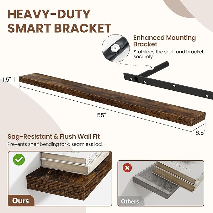 55 Inch Floating Shelves for Wall 1 Pack, 55" Wall Shelves for Books, Storage, Decor, Wall Mounted Floating Shelf with Invisible Brackets for Kitchen, Living Room, Brown