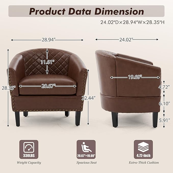 QQU Barrel Accent Chair, Retro PU Leather Club Chair with Nail-Heads, Upholstered Armchair for Living Room, Bedroom, Waiting, Office (Brown)
