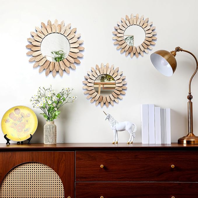 Fourluoo 3 Pack Gold Sunburst Mirrors for Wall Decor Circle Flowers Mirrors Decorative Gold Hanging Wall Art Flowers Mirror for Home Living Dinning Room Bedroom Bathroom Boho Decoration Art (Flower)