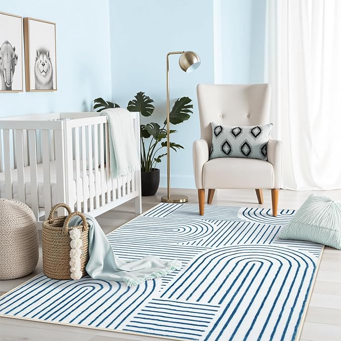 Lahome Abstract Washable Rugs, 4x6 Blue Rug for Bedroom Nursery Soft Non Slip Modern Living Room Rug, Ultra-Thin Non-Shedding Throw Carpet for Entryway Kitchen Office Darrell(4'x6',Blue/White)