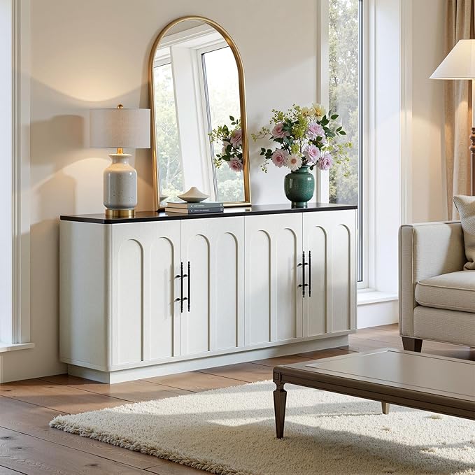 Evermagin 67" Arched Buffet Cabinet with Storage, Warm White 4-Door Sideboard Credenza, Mid Century Modern Storage Cabinet for Kitchen, Dining Room and Living Room, 67" W x 31.5" H x 15.7" D