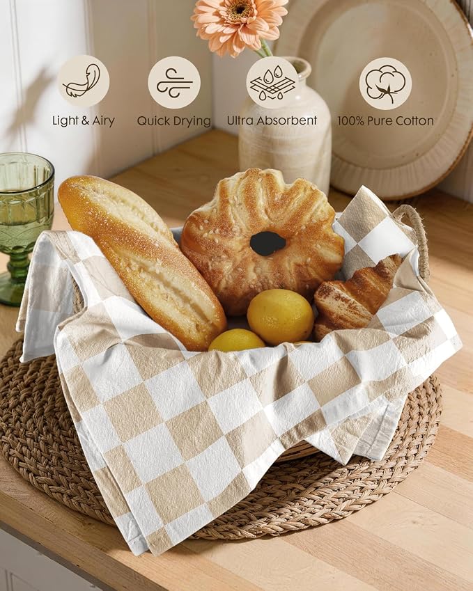 Miss Adola 2 Pack Flour Sack Kitchen Towels - 16x26 Inch Cotton Dish Towels with Hanging Loop Reusable Geometric Boho Modern Retro Tea Towel Absorbent Dishcloths Home Decor, Beige Checkered Flower