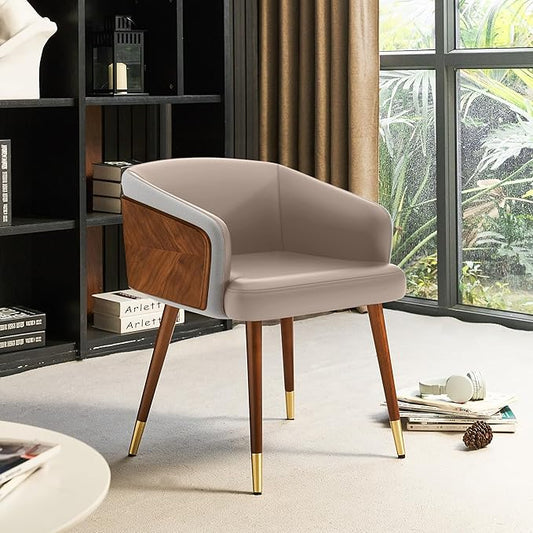 ARTPLAN Modern Upholsted Accent Dining Chairs,Mid-Century Faux Leather with Walnut for Kitchen,Office Waiting Room Arm Sitting Chair, Beech Legs Dissassembly Adjustable Feet,Apricot