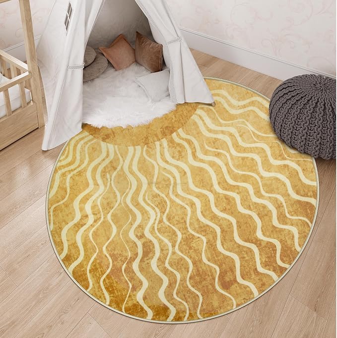 Wonnitar Sun Round Rug 4ft, Boho Soft Circle Rug for Kids Playroom Nursery, Gradient Yellow Washable Round Carpet for Bedroom Non-Slip Circle Carpet for Living Room Classroom