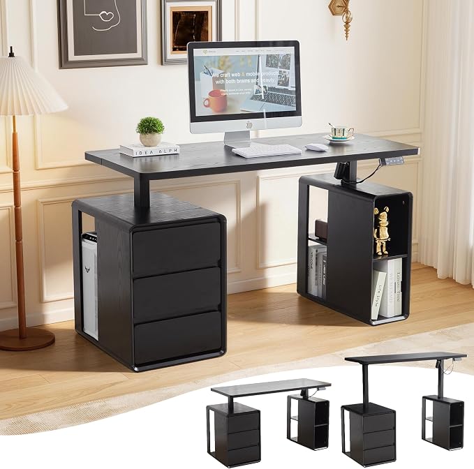 AVZEAR Farmhouse Electric Standing Desk, 55" Height Adjustable Computer Stand up Desk with 3 Drawers and Storage Shelf, Mid Century Modern Home Office Desk Wood Sit Stand Desks for Work, Study, Black