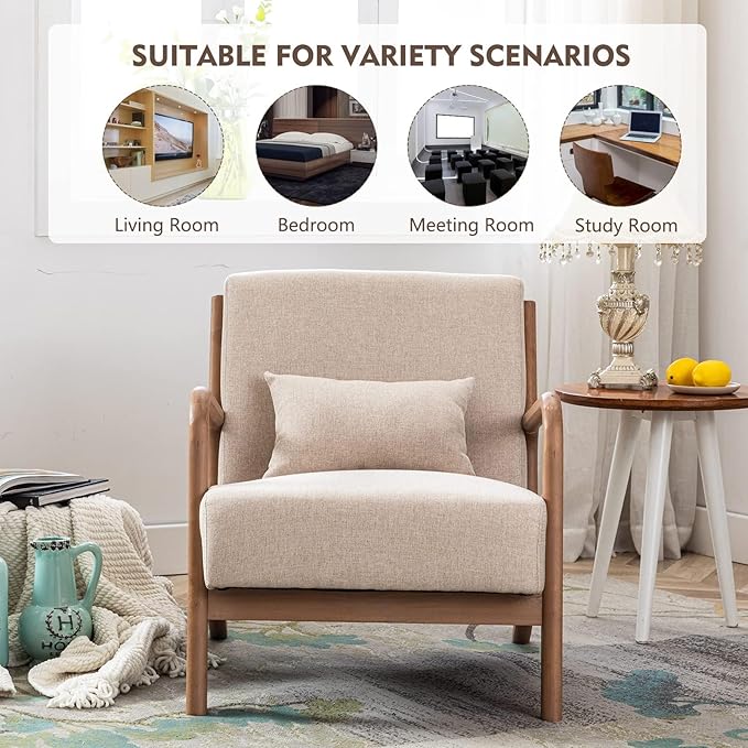 ANJ Mid Century Modern Accent Chair, Comfy Fabric Living Room Chairs with Solid Wood Frame, Lounge Reading Armchair, Easy Assembly, Beige