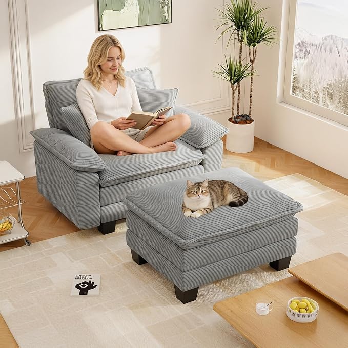Chaise Lounge Chair Indoor, Oversized Accent Chairs with Ottoman, Luxury Corduroy Upholstered Deep Seat Sleeper Sofa Reading Chairs and A Half with Pillows for Living Room, Bedroom, Apartment, Grey
