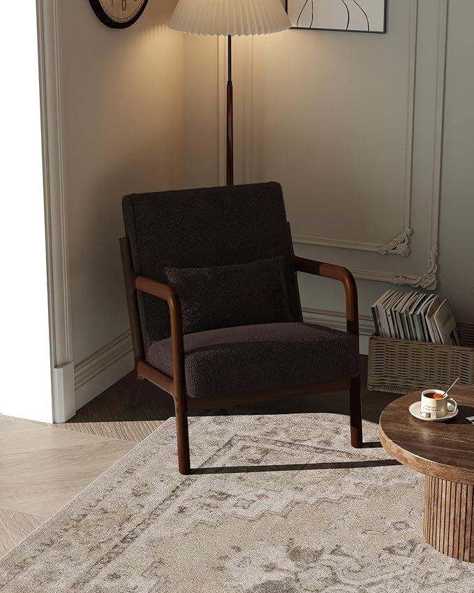 Garvee Mid-Century Modern Accent Chair, Sherpa Upholstery, Solid Wood Armchair with Removable Lumbar Pillow, Sturdy Reading Chair for Living Room, Bedroom, Guest Room, Easy Assembly, Brown