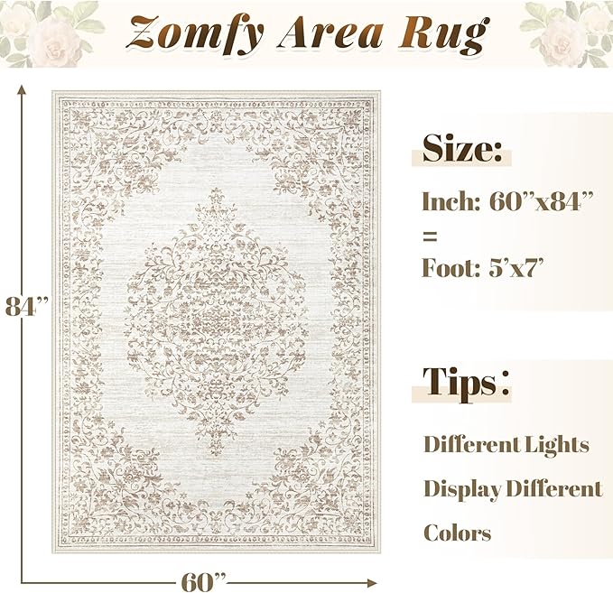 Area Rug 5x7 Vintage Rug: Washable Indoor Medallion Rugs Low Pile Distressed Floor Carpet Retro Accent Rug for Living Room Bedroom Kitchen Dining Table Home Office(Vintage Beige, 5'x7')