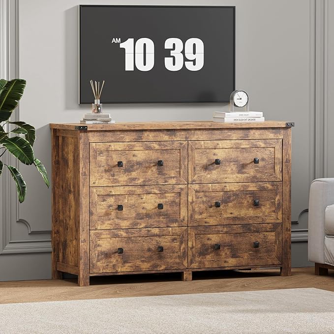 6 Drawer Dresser for Bedroom, Brown Modern Dressers & Chests of Drawers with Metal Handles, Closet Storage Dresser, Storage Cabinet and Organizer with Drawers