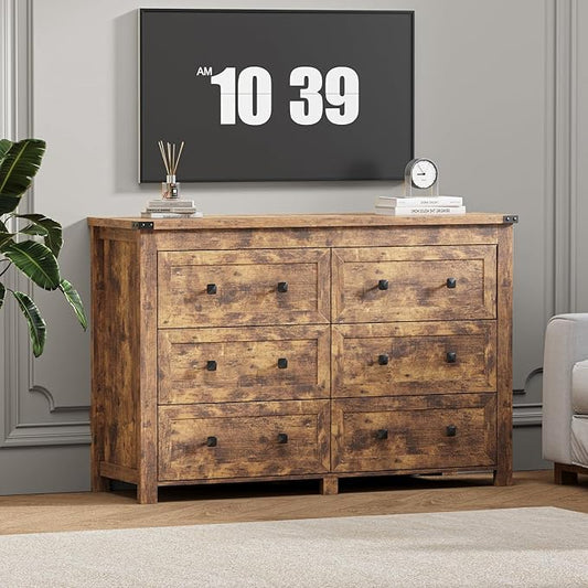 6 Drawer Dresser for Bedroom, Brown Modern Dressers & Chests of Drawers with Metal Handles, Closet Storage Dresser, Storage Cabinet and Organizer with Drawers