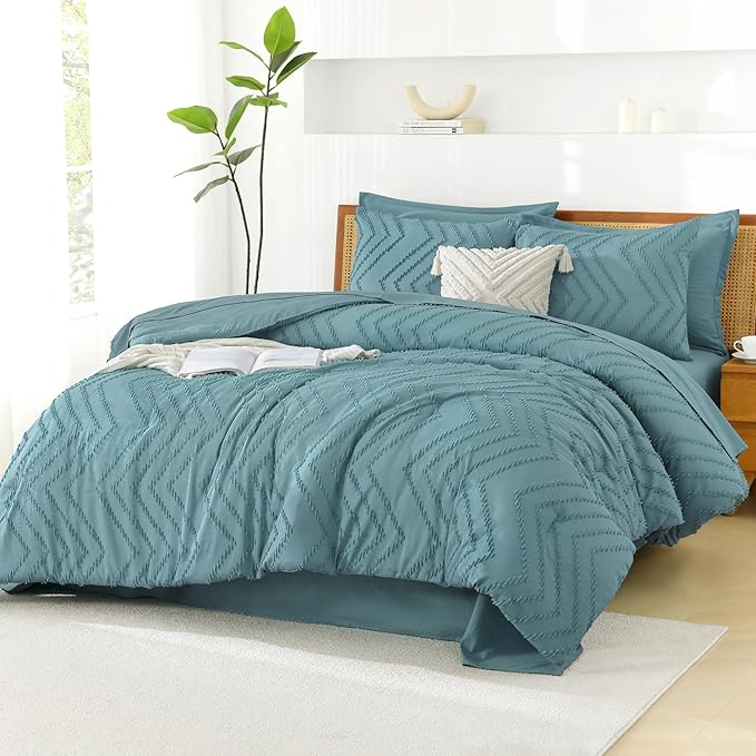 Litanika Oversized King Size Comforter Set with Sheets Grayish Teal - 7 Pieces Bed in a Bag Oversized King Boho Tufted Complete Bedding Sets with Comforter, Sheets, Pillowcases & Shams