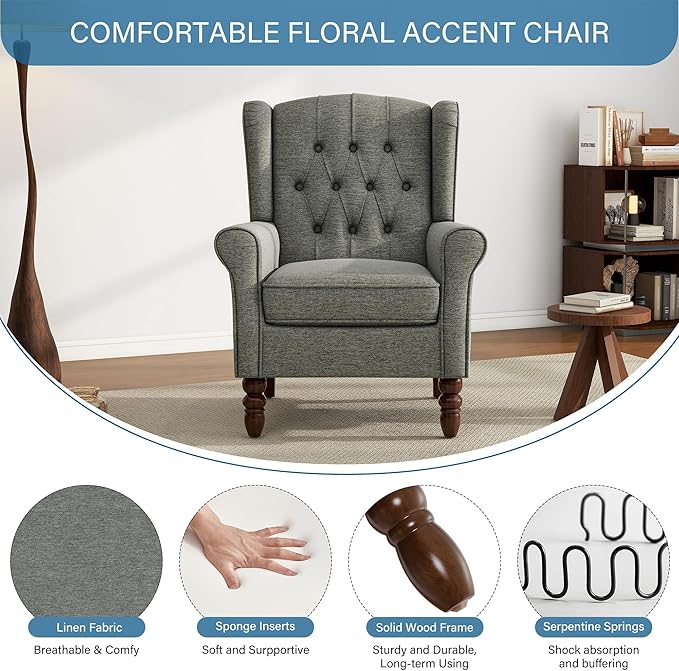 High Back Accent Chairs Set of 2, Upholstered Armchair in Fabric, Retro Wingback Arm Chair for Living Room, Comfy Single Sofa Bedroom Reading Seat with Solid Wood Legs - Dark Gray