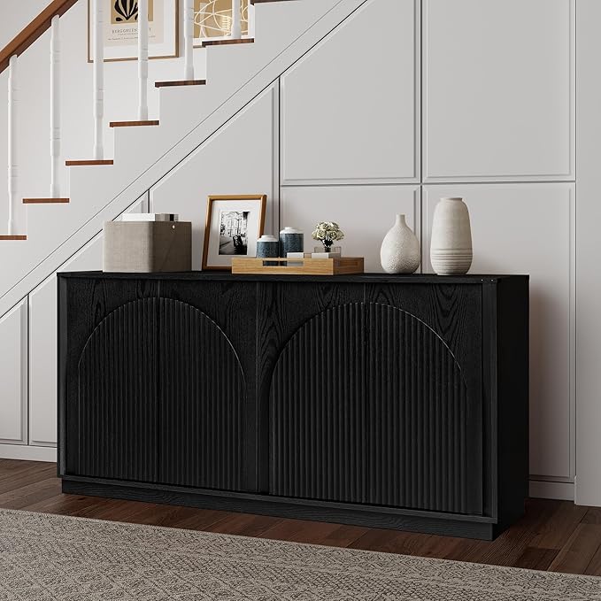 65" Sideboard Buffet Cabinet with Storage, Modern Fluted Accent Credenza with Adjustable Shelves, Wood Media TV Console Coffee Bar Table for Dining Room, Kitchen and Living Room, Black