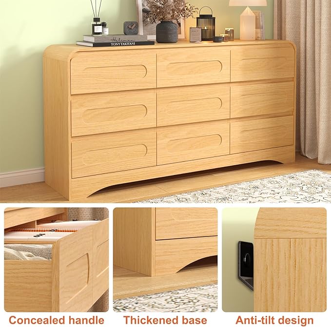 Dresser for Bedroom with 9 Drawers, 63" Long Modern Wood Chest of Drawers with Pre-Installed Slides, Large Storage Cabinet with Curved Design for Bedroom, Natural Oak