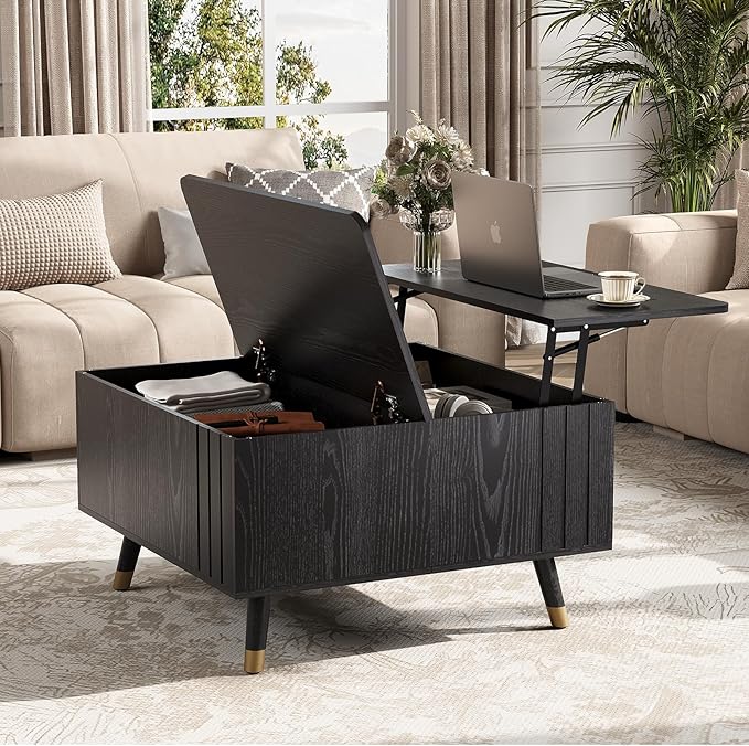 Black Lift Top Coffee Table with Storage, 32 Inch Mid Century Modern Square Center Table with Rising Top for Living Room