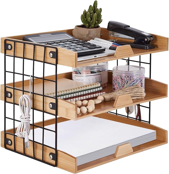 3-Tier Wood Paper Tray, Inbox Tray for Desk, Letter File Trays Desk Organize Office Supplies Accessories, Workspace Desktop Storage for Home, Office, School