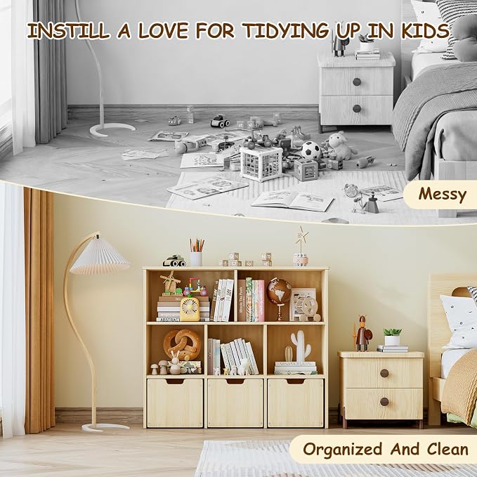 EXPERLAM Solid Pine Wood Toy Storage Organizer, Kids Bookshelf and Toy Organizer with 3 Rolling Drawers, 5 Storage Cubes, Montessori Playroom Storage Cabinet, Burlywood