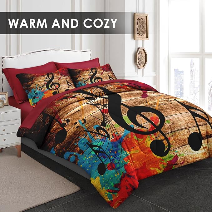 WeCozy 5 Pcs Twin Size Comforter Set with Pillowcase & Sham, Musical Music Disco Bedding for Kids and Adults, Black Retro Wood Grain Bedding Set with Flat Fitted Sheet