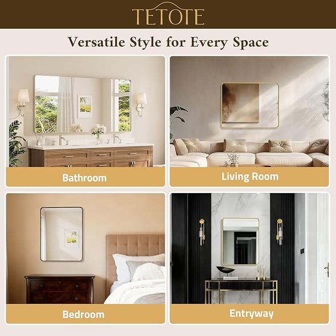 TETOTE 30 x 36 Inch Gold Mirror for Bathroom, Brushed Metal Frame Vanity Mirror, Brass Gold Rectangle Modern Decorative Wall Mirrors for Entryway Shatterproof (Horizontal/Vertical)