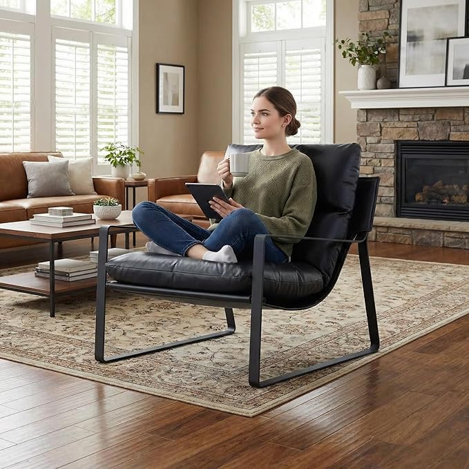 LukeAlon Modern PU Leather Accent Armchair, Upholstered Living Room Chair with Metal Base Removable Thickened Cushion Single Sofa Chair Comfy Lounge Chair for Bedroom Living Room Office, Black