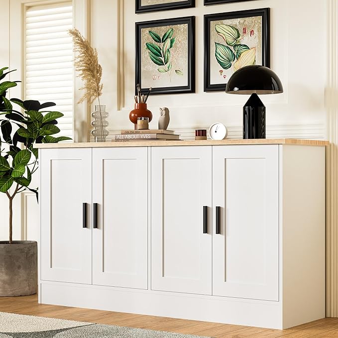 Anystyle 53" White Buffet Cabinet with Storage, Modern Kitchen Sideboard with 4 Doors & Adjustable Shelves, Entryway Credenza & TV Console Table for Living Room, Dining Room