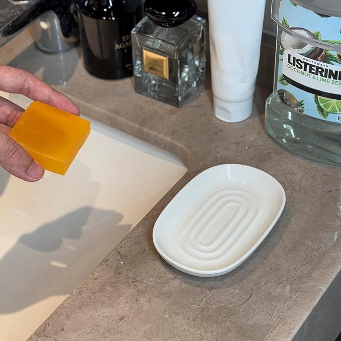 Soap Dish, Ceramic Soap Dish with Marble PatternShower, Soap Saver Tray for Bathroom, Kitchen Sink & Vanity, Multi-Use Holder for Jewelry, Rings, Keys (1 Pack, White)