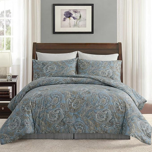 100% Cotton Duvet Cover King Size Blue Boho Paisley Pattern Duvet Cover Sets with Zipper Closure 3 Pcs Soft & Breathable Luxury Bedding Sets