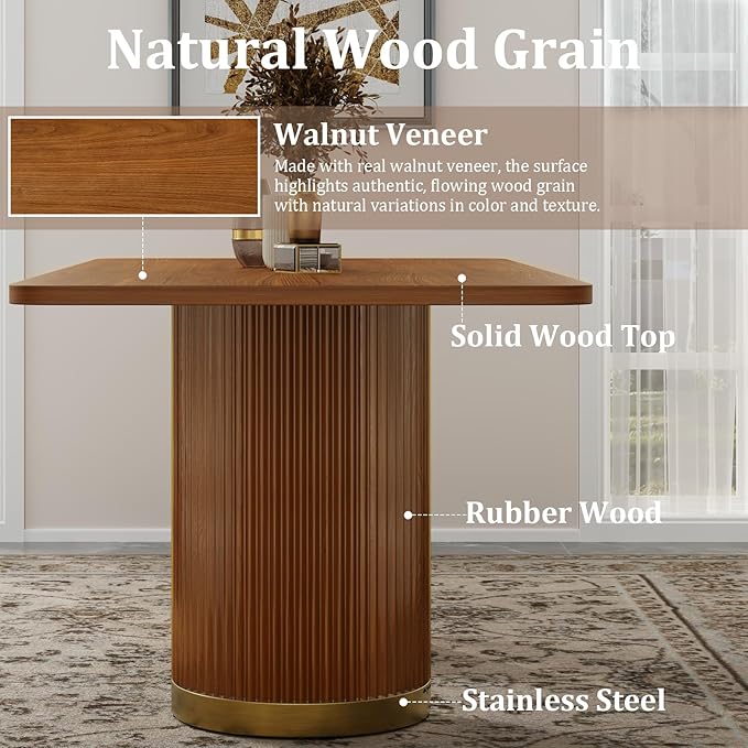 AUZ 70" Mid-Century Modern Dining Table for 4-6, Wood Kitchen Table with Fluted Pedestal Base and Brushed Gold Accents, Large Rectangular Farmhouse Dinner Table, Walnut(Table Only)