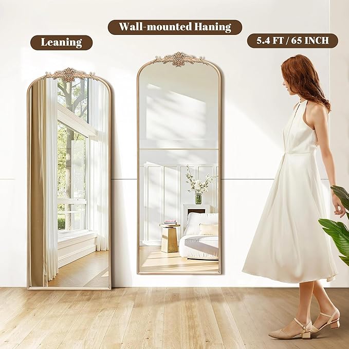 Besdomus Arched Mirror Full Length: 21"x56" Champagne Gold Vintage Full Body Mirror - Floor Antique Baroque Traditional Ornate for Entryway/Cloakroom/Bedroom - Home Decor for Fashion-Conscious
