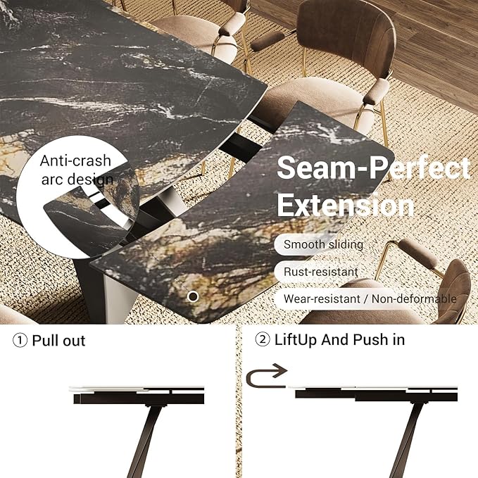 Extendable Dining Table with Leaf, 78"-110" Rectangular Sintered Stone, Marble-Look Top, Seats 6-14, Metal Base, Easy-Clean, Heat & Scratch Resistant, Dining Room/Kitchen Table for Family Gatherings
